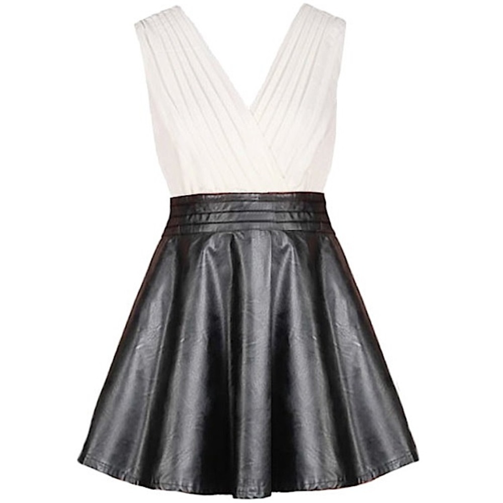 RICKETY RACK Mock Leather V-Neck Skater Dress